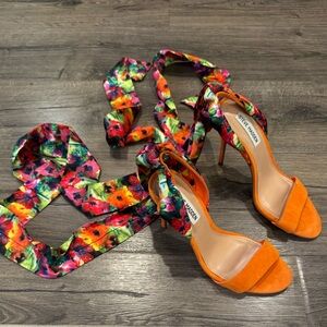 Steve Madden Orange Heels with Strap up Floral laces- Size 7.5
